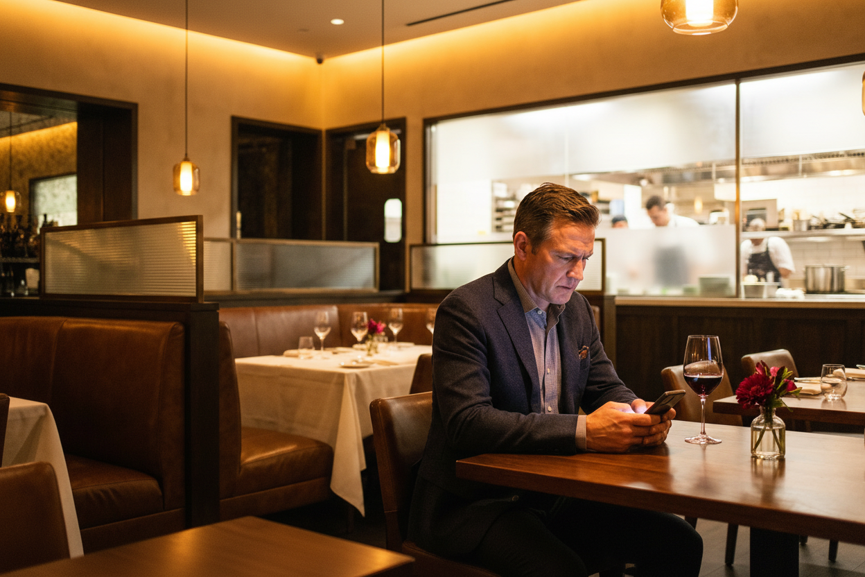 Proprietario di un ristorante seduto a un tavolo che controlla preoccupato il telefono, con espressione tesa per possibili sanzioni HACCP. Soluzione offerta da HACCP MyMine.